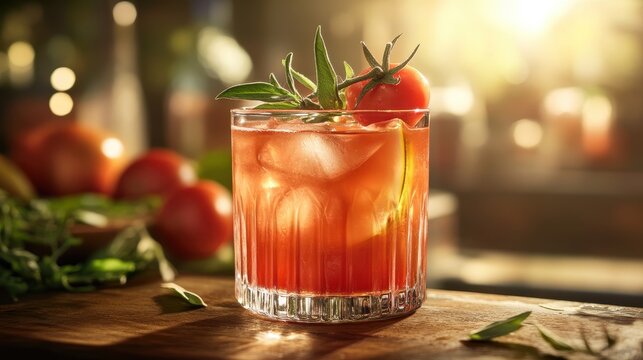 A vibrant glass of tomato juice, its ruby hue reflecting the sunlight, garnished with a plump, juicy tomato, a symphony of flavor and freshness.