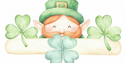 Mischievous leprechaun peeking from behind a vibrant four-leaf clover in a whimsical forest setting.