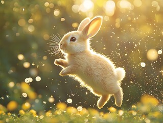 A Fluffy Baby Rabbit Joyfully Leaping in a Sunlit Meadow