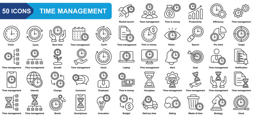 Time management collection icon set. Team management, Rocket launch, Time is money, Productivity, Efficiency, Target, Growth. Simple line vector.