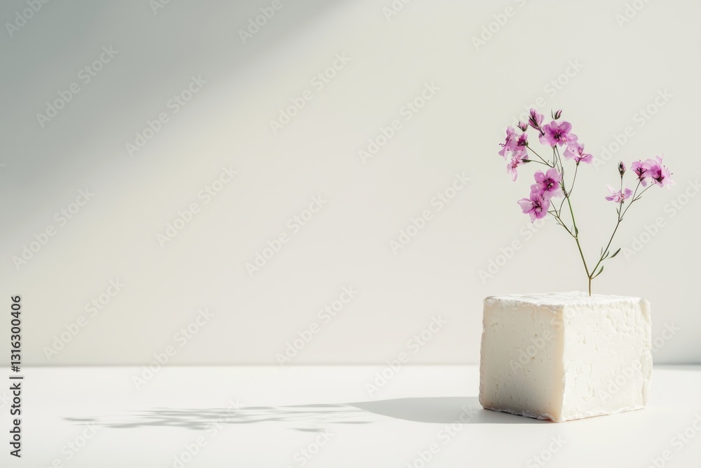 Poster minimalist arrangement of delicate purple flowers displayed within a rustic cube set against a light