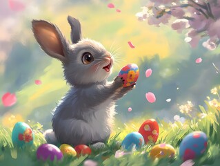 Adorable Fluffy Bunny Admiring Colorful Easter Eggs in a Blooming Spring Garden