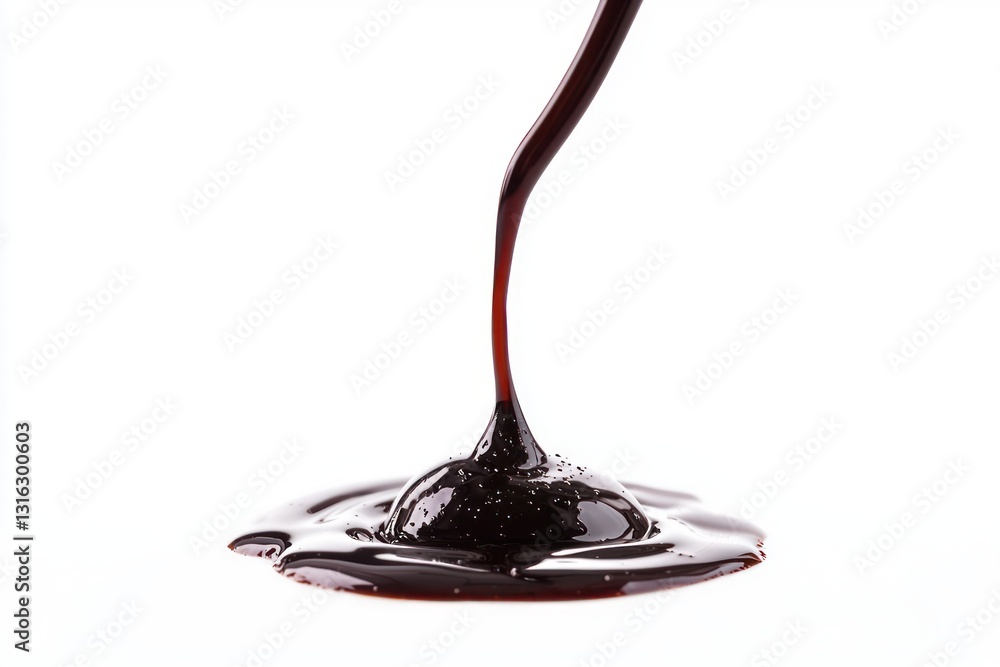 Poster pouring rich dark chocolate syrup against white backdrop a smooth stream creating a tempting visual
