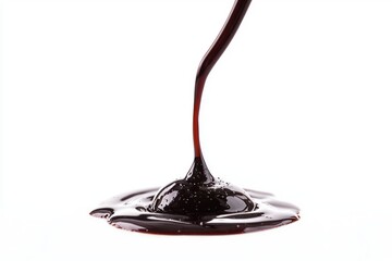 Pouring rich dark chocolate syrup against white backdrop a smooth stream creating a tempting visual