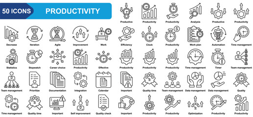 Productivity collection icon set. Work plan, Analysis, Productive, Time management, Statistics, Career choice, Prioritize, Quality time. Simple line vector.