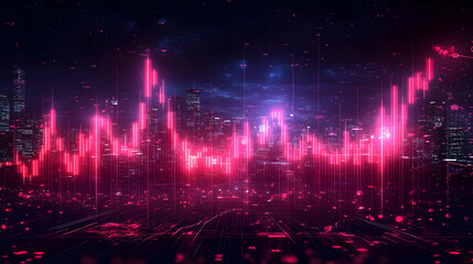 Glowing cityscape at night with dynamic, vibrant red vertical lines overlayed, suggesting data or financial trends