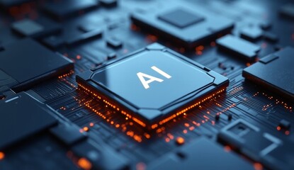 A detailed depiction of a futuristic artificial intelligence graphics processor on an illuminated microchip circuit board with glowing orange and blue hues, symbolizing innovation in technology 