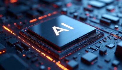 A detailed depiction of a futuristic artificial intelligence graphics processor on an illuminated microchip circuit board with glowing orange and blue hues, symbolizing innovation in technology 