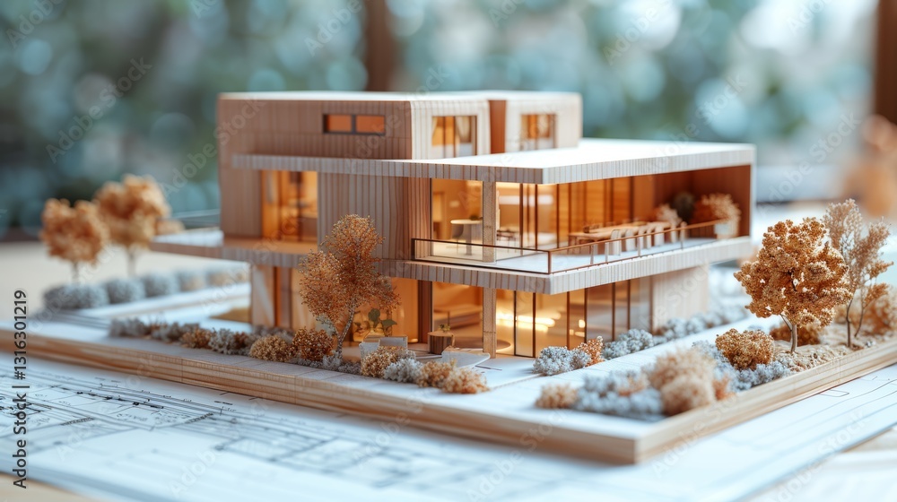 Poster Detailed Architectural Render of a Modern 3D House Project with Clean Lines and Technical Planning