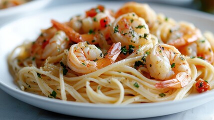 A plate of linguini, adorned with succulent shrimp, fragrant onions, and bathed in the ethereal glow of a white background, presented a tantalizing invitation to culinary adventure.