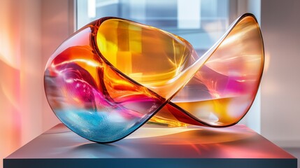 Futuristic Abstract Glass Sculpture with Vibrant Light Refractions and Soft Reflections