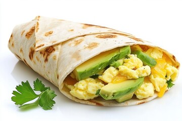 Delicious breakfast burrito filled with scrambled eggs avocado cheddar cheese and herbs culinary delight