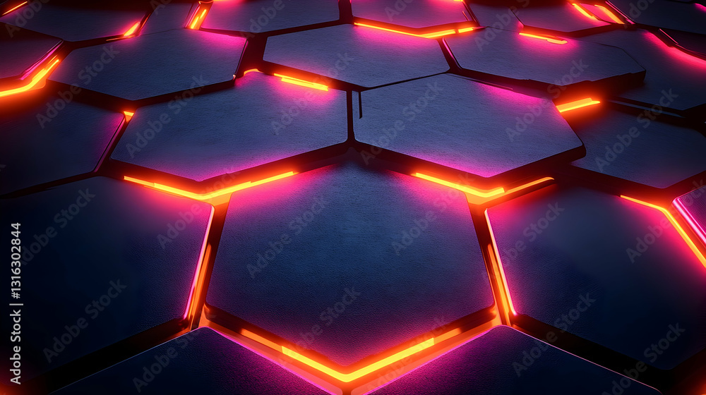 Poster glowing neon hexagons create an abstract, futuristic pattern. dark, metallic texture
