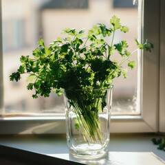 Fresh Cilantro in Glass by Window Sunlight Illuminating Herb Home Interior Kitchen Still Life