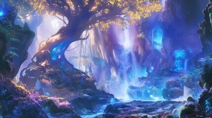 Enchanted Forest Mystical Waterfall and Glowing Tree