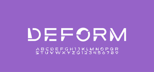 Font digital cyber alphabet, cyberpunk letters A, B, C, D, E, F, G, H, I, J, K, L, M, N, O, P, Q, R, S, T, U, V, W, X, Y, Z and futuristic numerals 0, 1, 2, 3, 4, 5, 6, 7, 8, 9, vector illustration