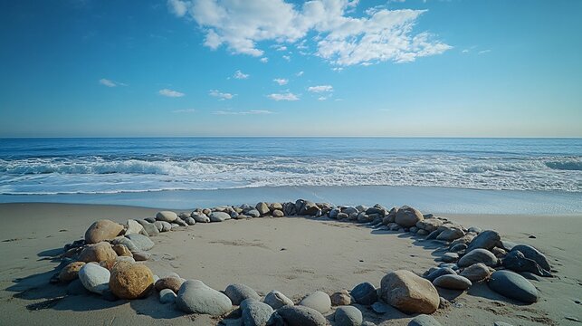Circle of stones sits on a sandy beach beside ocean