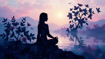 Woman Meditating by the Lake 