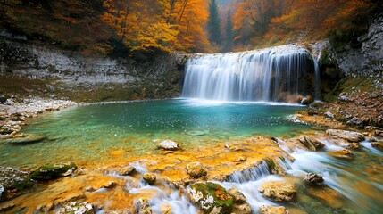 Autumn Waterfall in Forest with Colorful Leaves