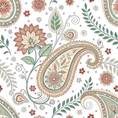 Elegant paisley floral pattern design in peach and green tones art soft retro style print motif white