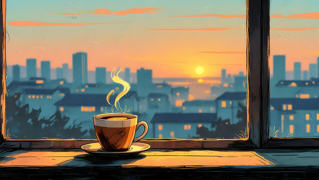 Fototapeta Cup of coffee on windowsill with sunset city view 2D cartoon illustration. Tranquil evening cityscape lofi wallpaper background lo-fi art. Dusk calm flat image cozy chill vibe