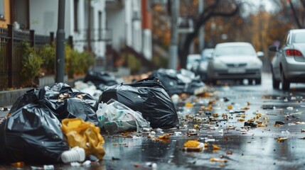 Trash-strewn city street in rainy weather.