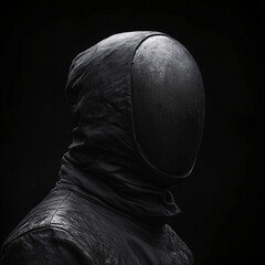 Mysterious figure wearing a black hooded mask, shrouded in shadows and intrigue