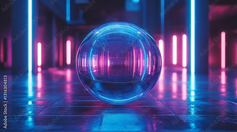 Poster amidst a dazzling corridor illuminated by vibrant pink and blue lights, a transparent sphere rests o
