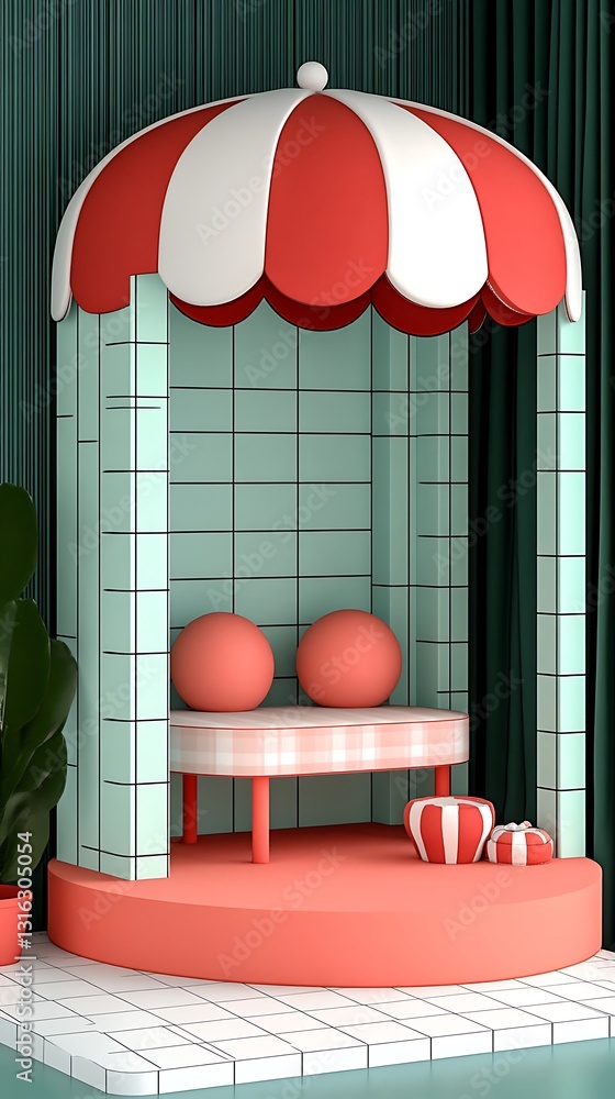 Poster rendered studio setting with tiled walls and modern pastel color scheme