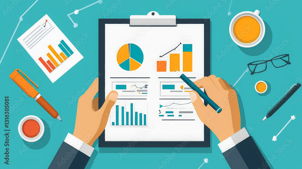 Poster manager analyzing performance data with charts and graphs on clipboard, showcasing productivity and 