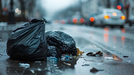 "Trash-filled street corner during rain."