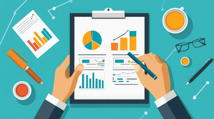 Manager analyzing performance data with charts and graphs on clipboard, showcasing productivity and insights