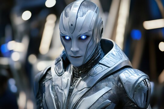 Futuristic humanoid showing shimmering zircon eyes is wearing metal spacesuit in blurred background
