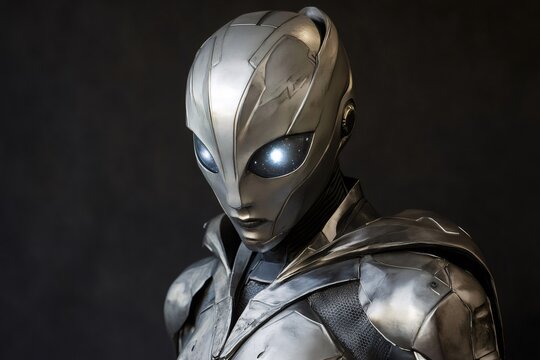 Futuristic humanoid with glowing eyes, wearing a metallic costume and helmet, embodies advanced technology and space exploration