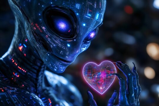 Futuristic alien with digital circuits holding a glowing digital heart, symbolizing the potential for love and connection in artificial intelligence