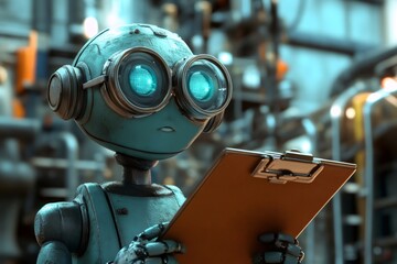 Fototapeta premium Robot engineer with large round glasses holding clipboard performing industrial inspection in factory