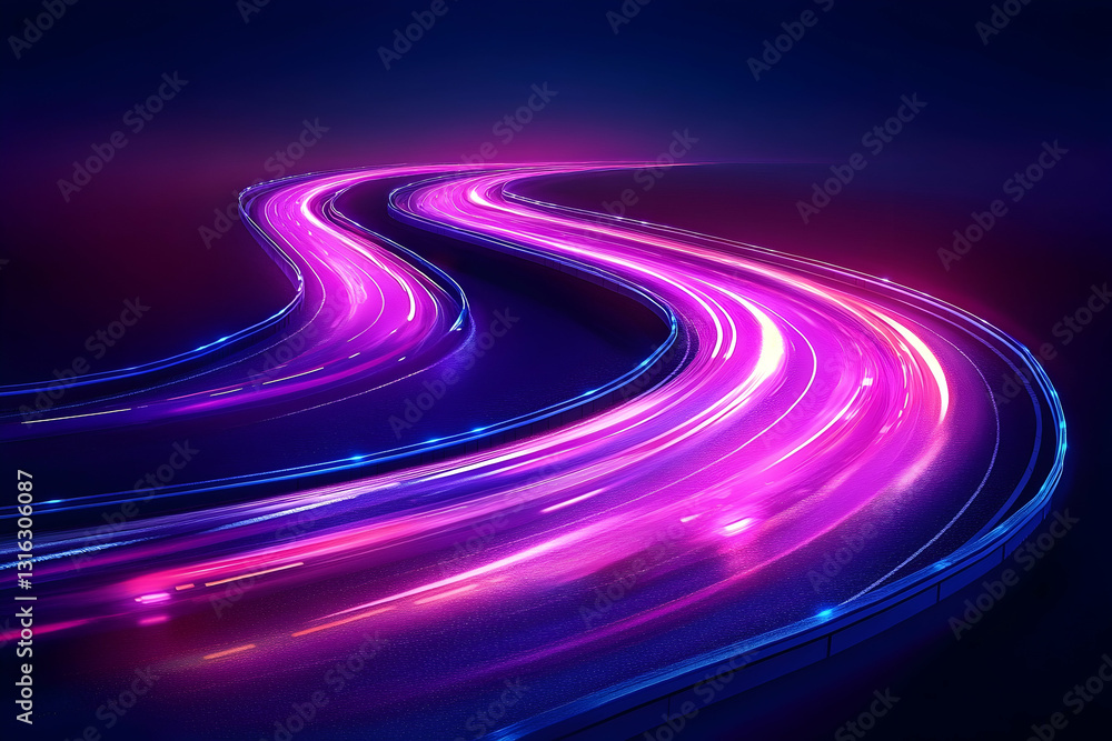 Poster glowing, vibrant light trails curve across a dark background, creating a dynamic, abstract image of 