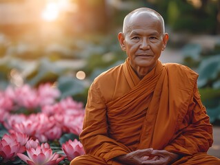 Serene Meditation, A Buddhist Monk Embracing Tranquility Among Blooming Lotus Flowers