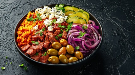 Greek-inspired lamb and feta bowl with colorful olives and pickled onions, vibrant and appetizing, high-protein healthy meal concept