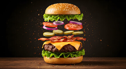 "A dynamic, deconstructed cheeseburger with ingredients exploding in mid-air. The burger features a juicy beef patty with melted cheddar cheese, crispy bacon strips, fresh lettuce, sliced tomatoes, re