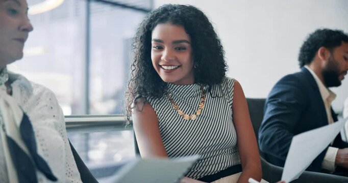 Interview, waiting or happy business people with paper in queue for hiring, CV or human resources. Resume, candidates or line for recruitment process, career documents or job application opportunity