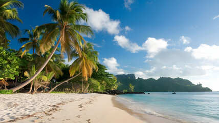 A Pristine Tropical Beach Paradise, Swaying Palm Trees Under A Vibrant Blue Sky, Inviting Turquoise Waters Lapping At The White Sand Shore