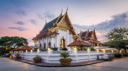 Naklejka premium A Serene Thai Temple Bathed In The Soft Glow Of Twilight, Its Golden Details Shimmering Against A Pastel Sky, Surrounded By Lush Greenery