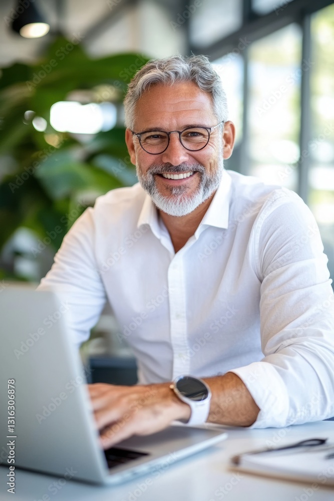 Poster grey-haired businessman using technology in a contemporary office setting, smiling confidently while