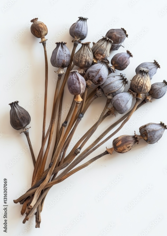 Poster dried poppy seed pods displayed on a white background with unique textures and shapes