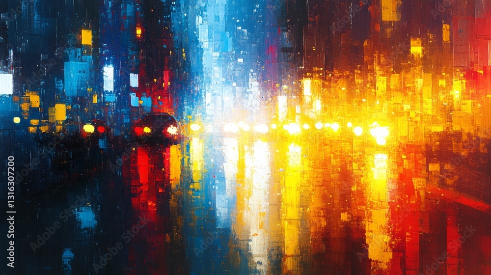 Poster dynamic abstract composition of city lights captured with deliberate camera movement combining brigh
