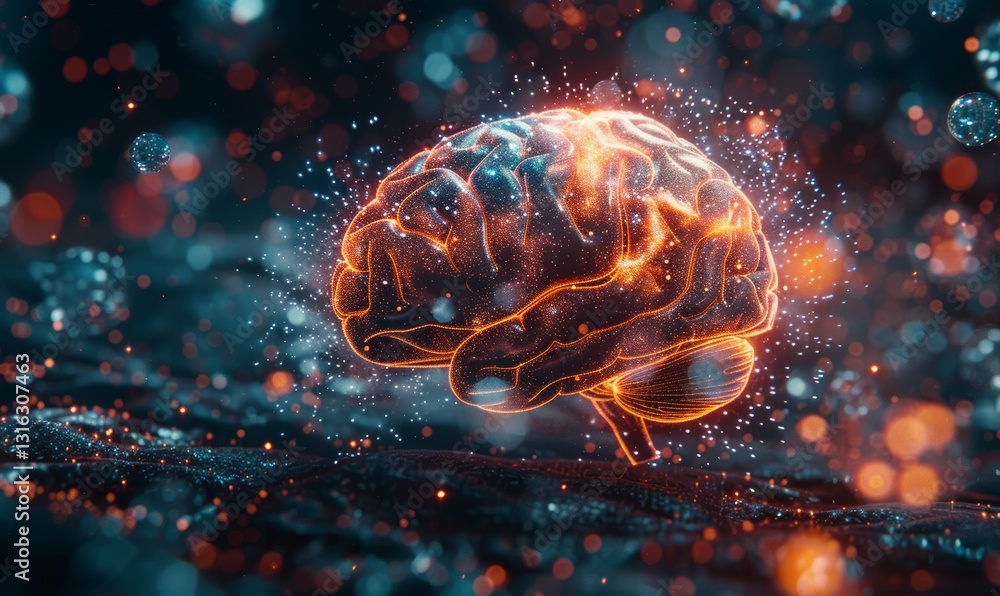 Aufkleber dynamic illustration of human brain enclosed within a glowing quantum lattice structure representing