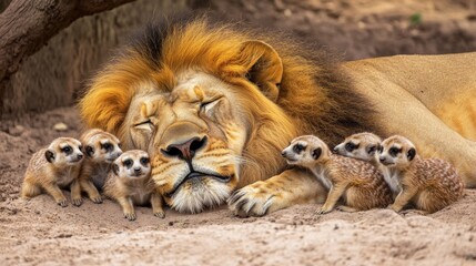 Lion Sleeping Peacefully with Group of Adorable Meerkat Babies