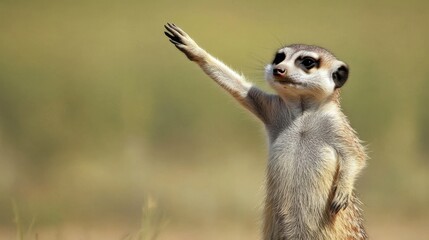 Fototapeta premium Meerkat Raising Paw in Natural Habitat with Green Background