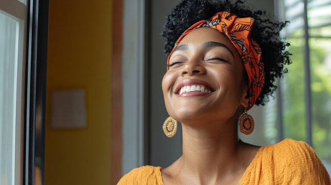 The image captures a joyful moment of a smiling woman wearing a headband, standing near an open window.